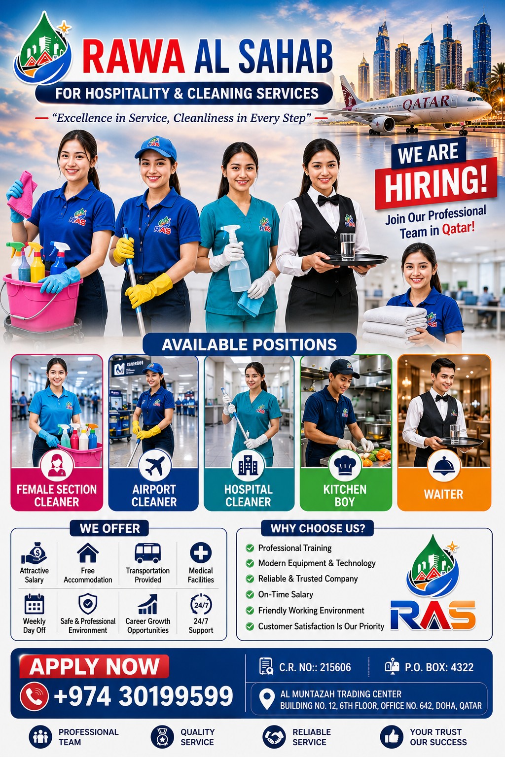 RAWA AL SAHAB FOR HOSPITALITY & CLEANING SERVICES is committed to providing high-quality hospitality support, professional cleaning services, and reliable manpower solutions across Qatar. Our experien